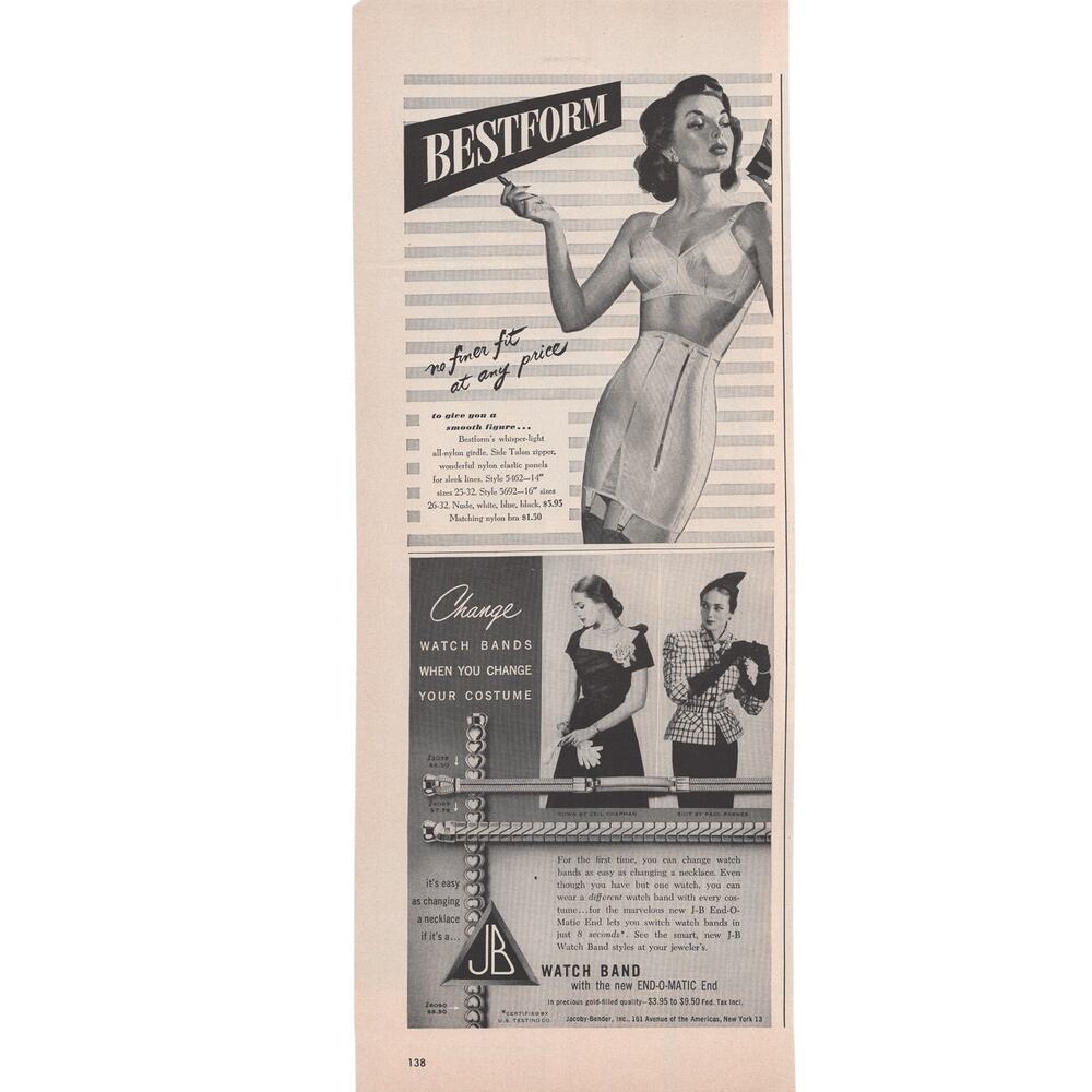 Bestform Girdle / JB Watch Band Advertisement 1950s Vintage Fashion Jewelry B&W